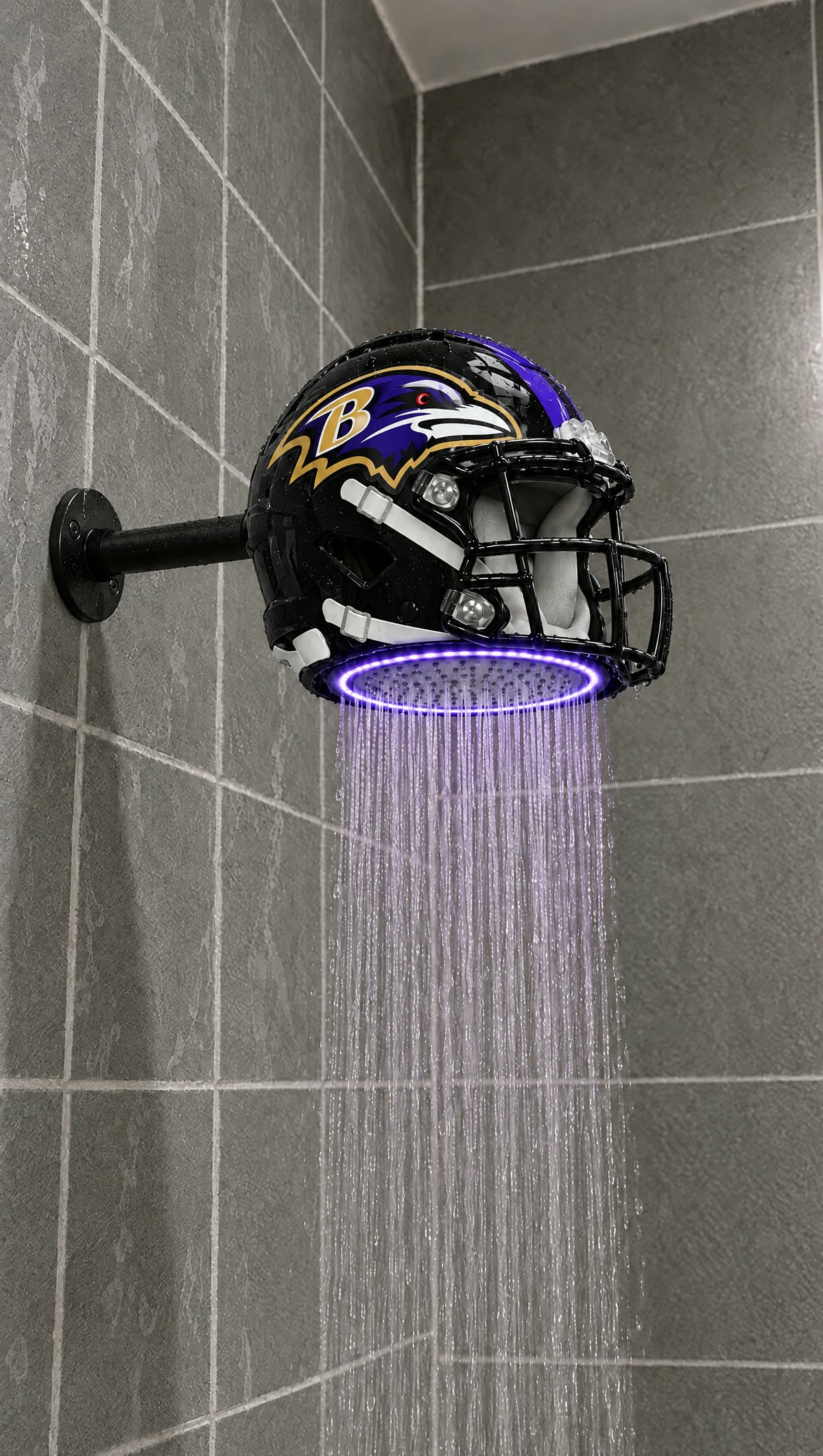 Helmet shower head installed in a shower