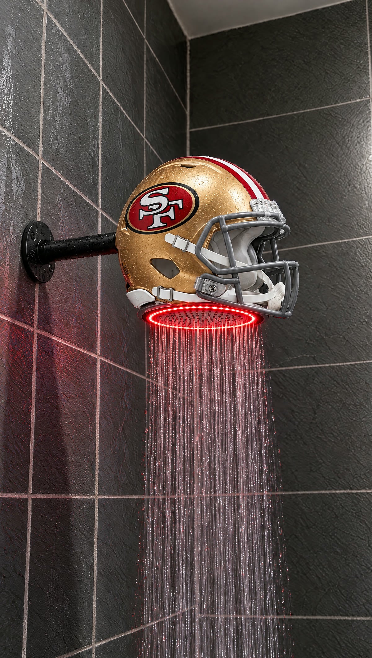 Helmet shower head installed in a shower