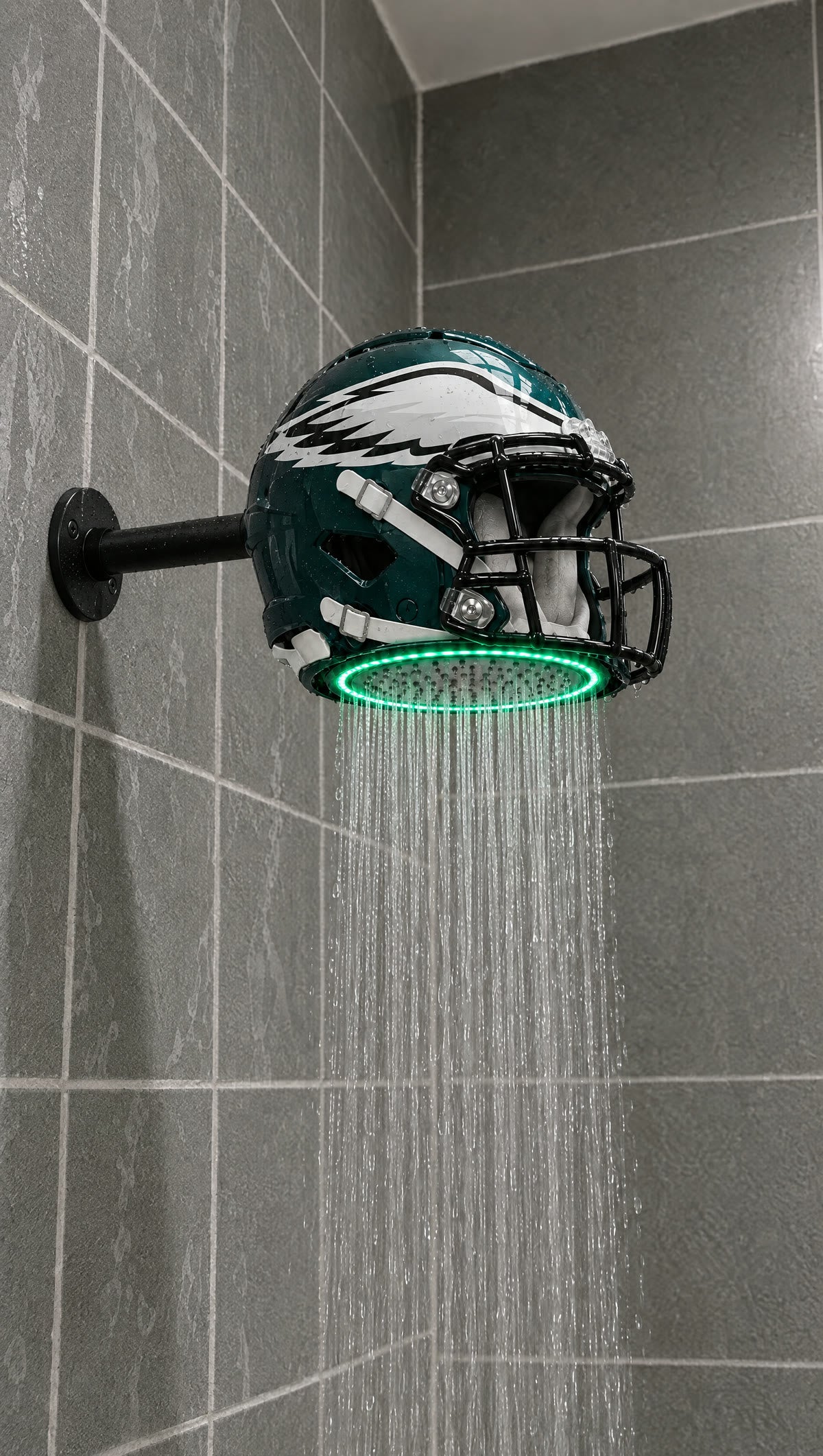 Helmet shower head installed in a shower