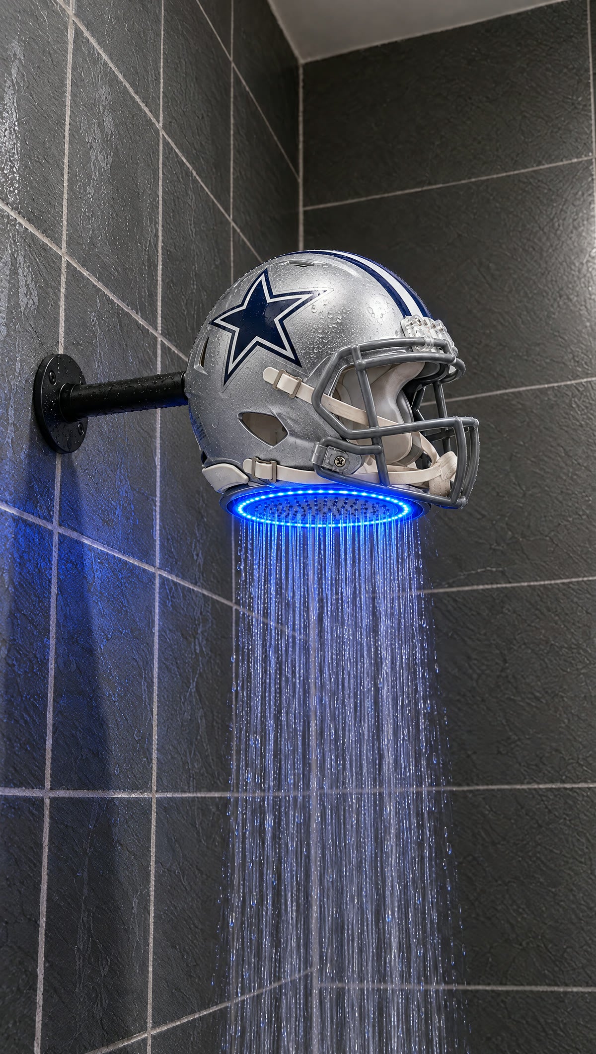 Football-inspired LED shower head installed in a tiled shower